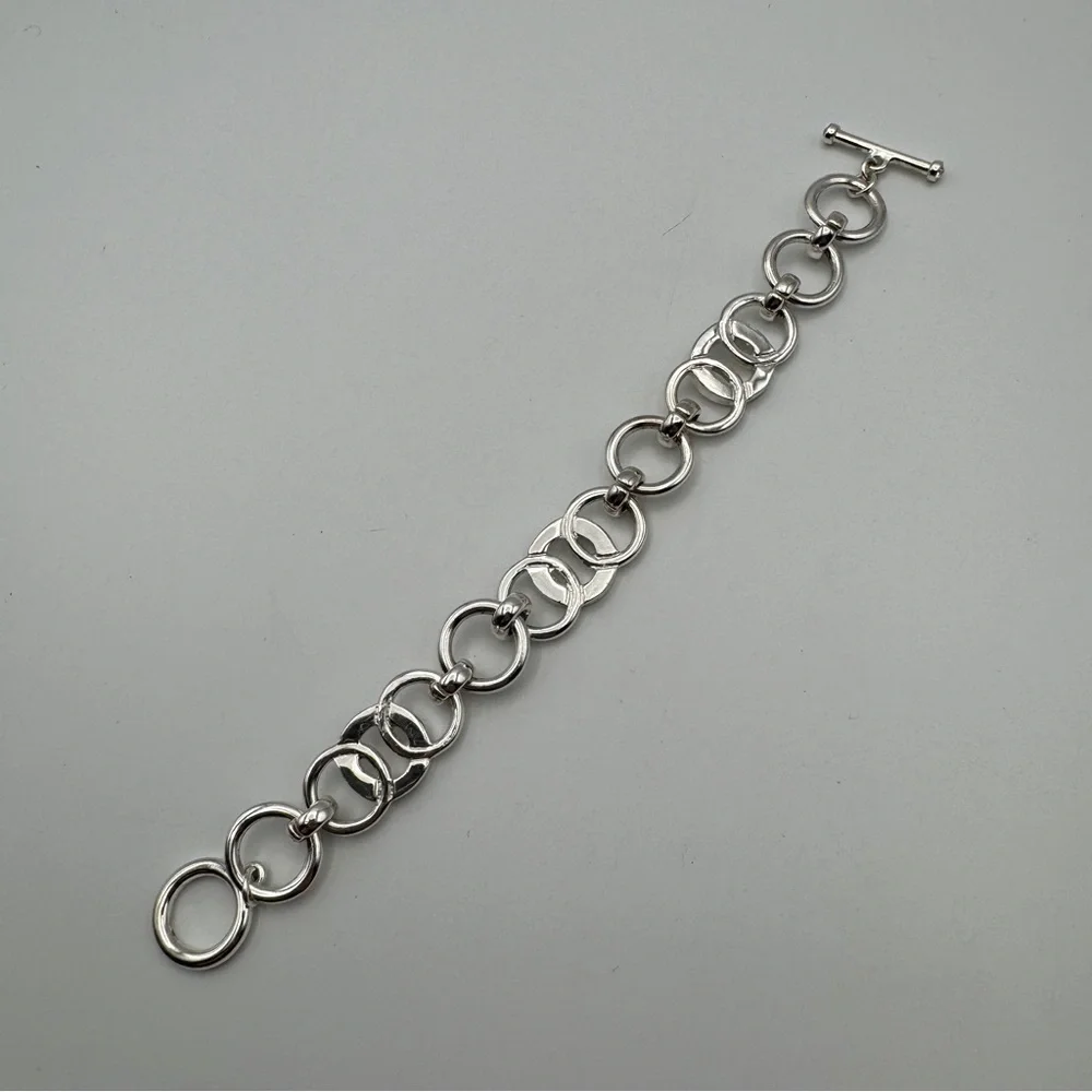 Silver Toggle Bracelet 6.75” Circle Links with Rhinestones - Picture 3 of 5